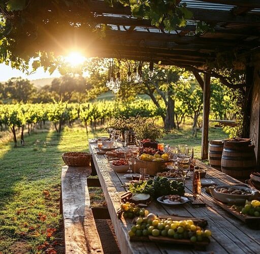 Table set in Italian vineyard at sunset after harvest celebration