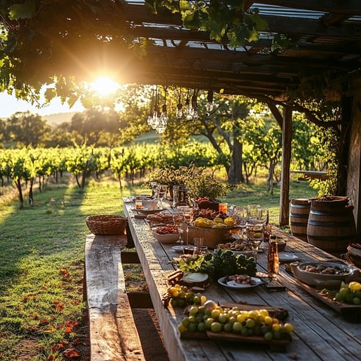Table set in Italian vineyard at sunset after harvest celebration