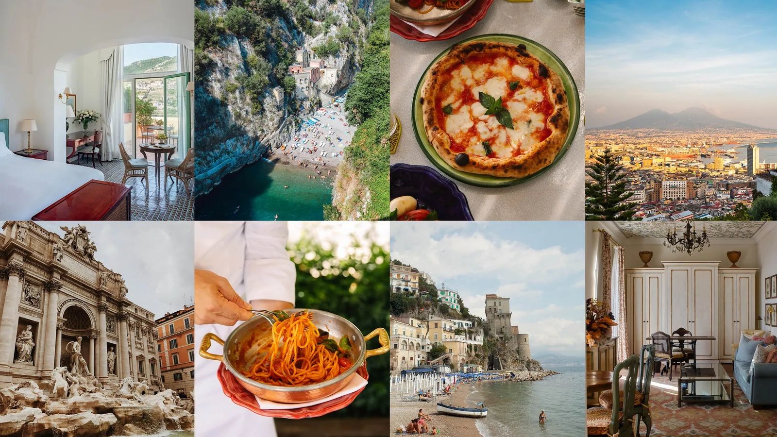 A collage of Italy: a hotel room opening onto a terrace, a beach in a rocky cove, a Neapolitan pizza, Naples below Vesuvius, the Trevi Fountain, spaghetti in a copper pan, a seaside village with a watchtower and a sitting room under a painted ceiling
