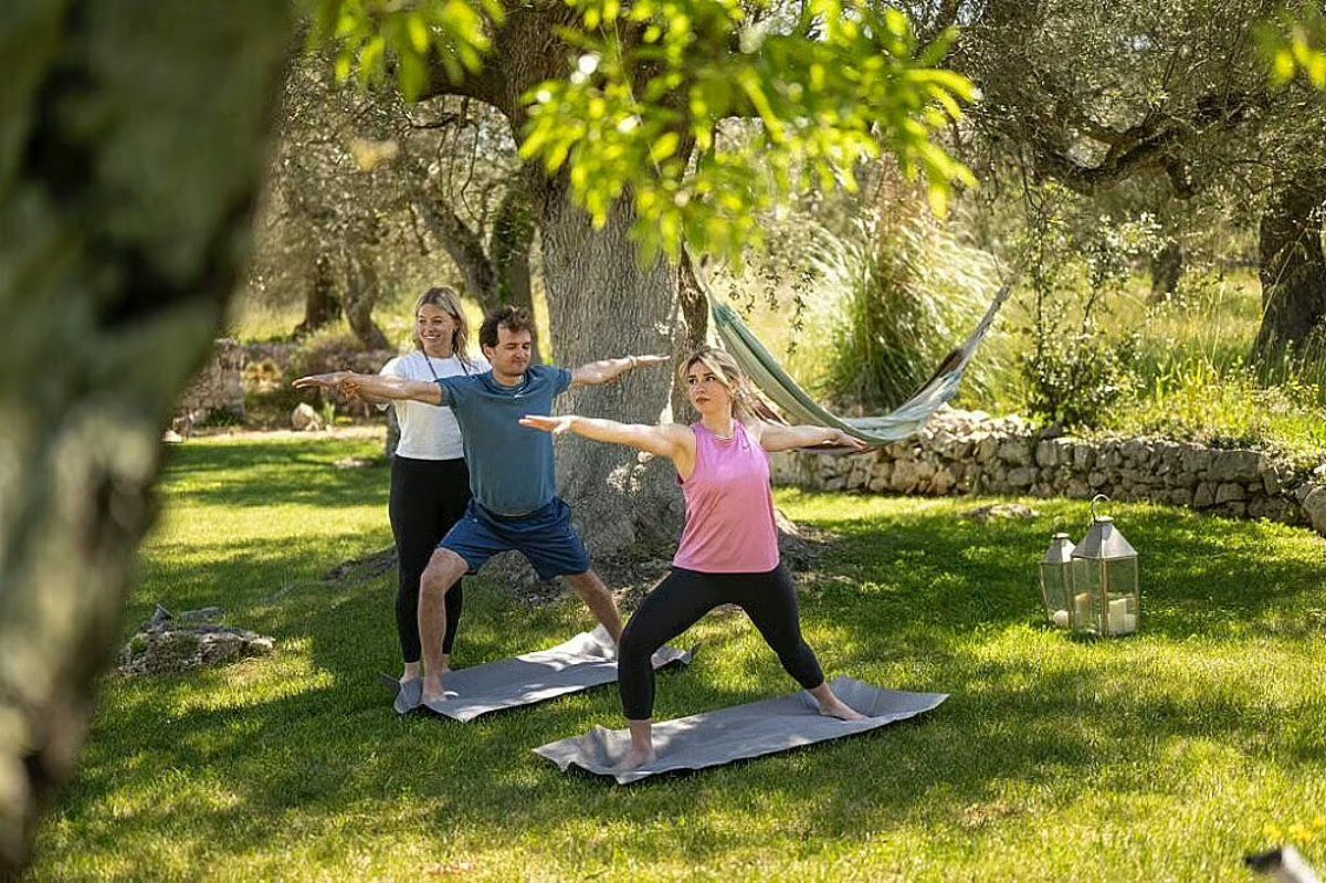 Three people holding a yoga warrior pose on a lawn among olive trees