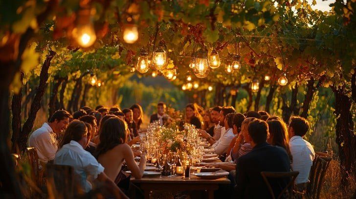 Eine lange Tafel unter Laternen, die zwischen den Reben aufgehängt sind, Gäste beim Essen im warmen Abendlicht