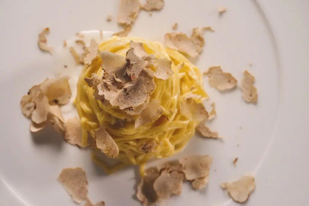 Ein Nest aus dünner Eierpasta mit gehobeltem weißem Trüffel auf einem weißen Teller