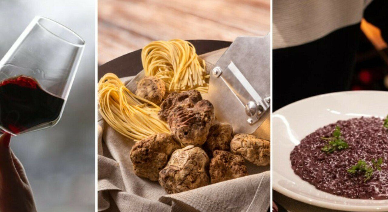 Drei Fotos nebeneinander: ein Glas Rotwein; Nester aus frischer Eierpasta mit ganzen Trüffeln und einem Trüffelhobel; ein Teller mit tiefrotem Risotto