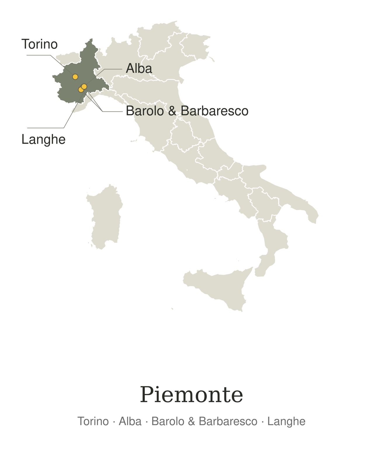 Italy with Piedmont highlighted and markers for Turin, Barolo, Alba