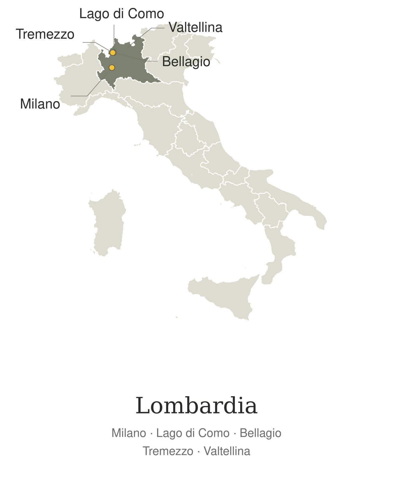 Italy with Lombardy highlighted and markers for Milan, Lake Como, Bellagio, Tremezzo, Valtellina